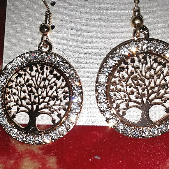 Gorgeous Rose Gold Tree of Life Dangle Earrings Crystal Rhinestones NEW - Picture 3 of 10